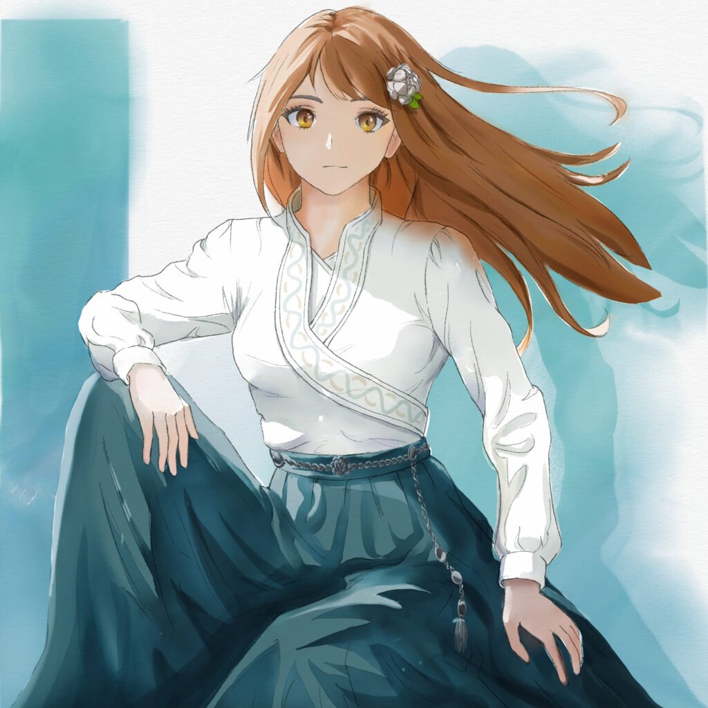 Illustration by Tamanegi Aane of Sein seated in her house clothes