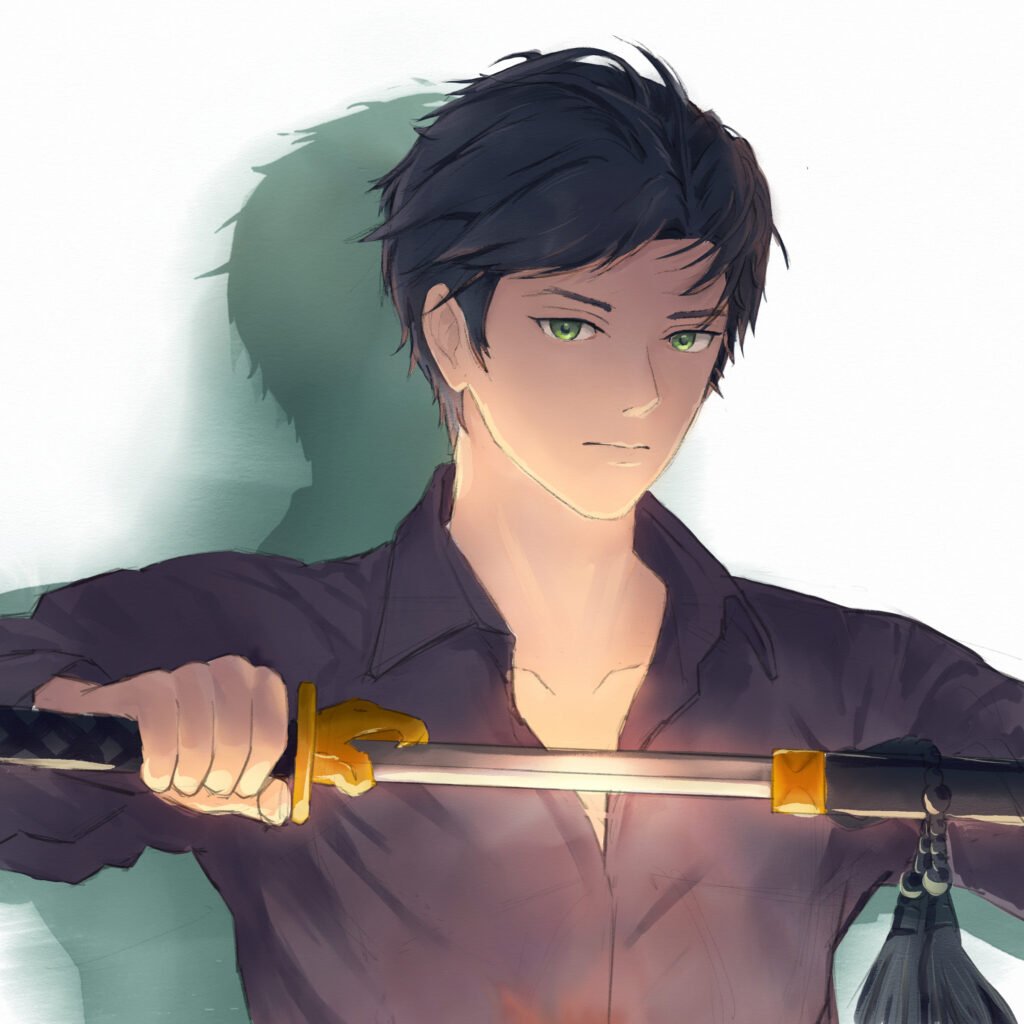 Illustration by Tamanegi Aane of Zeya drawing his sword